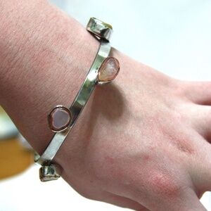 Chunky Natural Bezel Set Agate Bangle Bracelet in Solid Sterling Silver